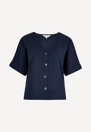 Navy blue short-sleeve blouse with four front buttons and a round neckline, featuring folded sleeve cuffs.