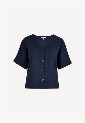 Navy blue short-sleeve blouse with four front buttons and a round neckline, featuring folded sleeve cuffs.