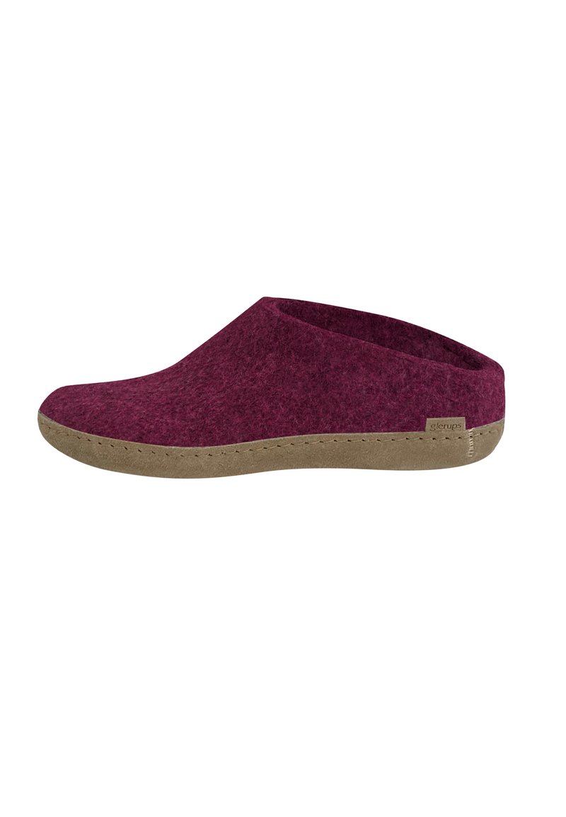 Felt slip-on shoe in dark burgundy with a textured upper and a light brown rubber sole, featuring a simple, minimalist design.