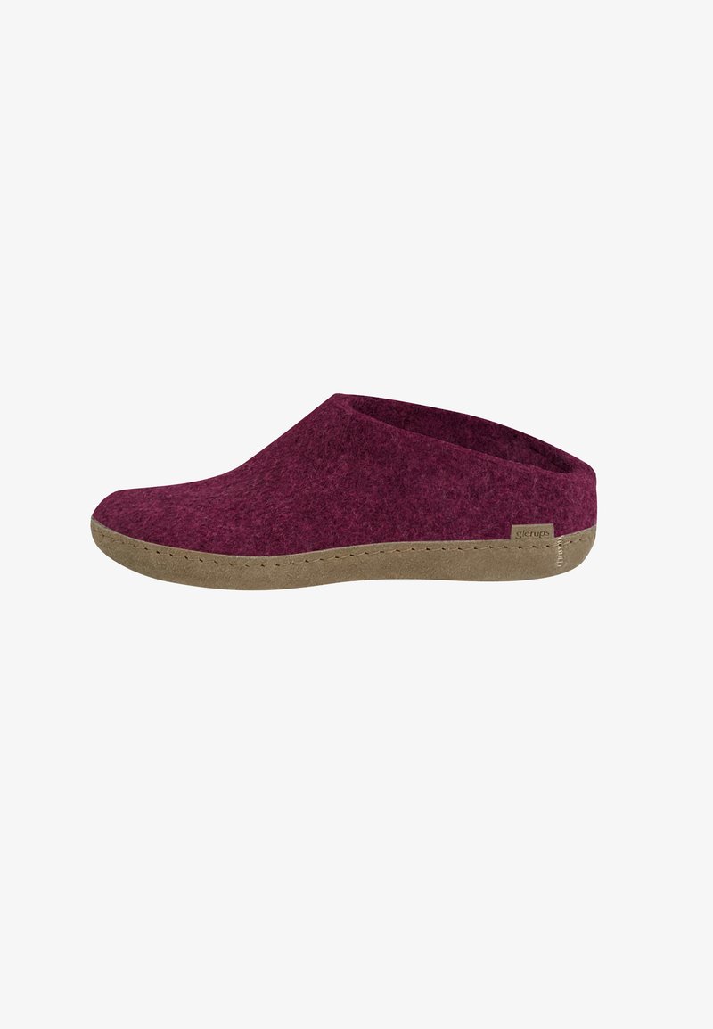 Felt slip-on shoe in dark burgundy with a textured upper and a light brown rubber sole, featuring a simple, minimalist design.