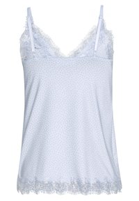 Světle modrý top s potiskem puntíků, s jemnou krajkovou lemovkou na výstřihu a lemování, nastavitelnými ramínky a měkkou tkaninou.