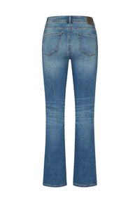 Jeans in denim blu a palazzo con una finitura leggermente sbiadita, tre tasche posteriori e un piccolo patch in pelle sulla vita.