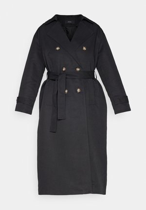 Schwarzer Trenchcoat mit doppelreihigem Design, großen Revers und tailliertem Schnitt. Verfügt über goldfarbene Knöpfe und lange Ärmel.