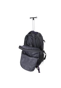 Zaino nero con ruote, manico estraibile, tasca frontale con zip e scomparti interni. Realizzato in tessuto durevole con una texture liscia.