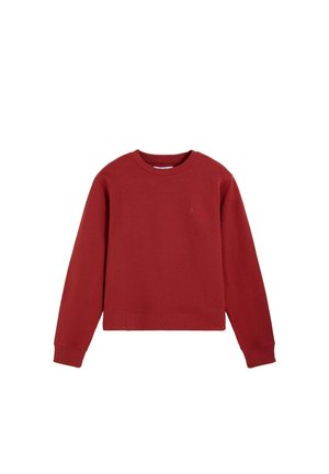 Sudadera roja de manga larga con cuello redondo, puños y dobladillo acanalados, diseño sencillo y pequeño logo bordado sutil en el pecho.