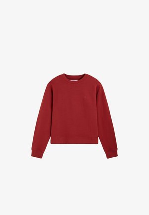 Sudadera roja de manga larga con cuello redondo, puños y dobladillo acanalados, diseño sencillo y pequeño logo bordado sutil en el pecho.