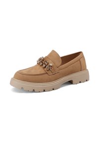 Mocassini slip-on in suede color beige con suola in gomma spessa, caratterizzati da decorazioni in cristallo sul davanti. Design piatto, minimal con poche cuciture.