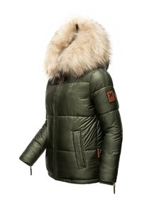 Puffer jacket in olive green with a fur-lined hood, featuring a zip closure, side pockets, and leather accents on the sleeves.