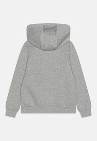 Grå långärmad hoodie med ribbad mudd och nederkant, sedd bakifrån mot en enkel vit bakgrund.