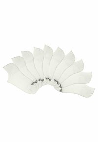 Pack of ten white ankle socks, featuring a ribbed cuff, soft texture, and a subtle logo printed near the toe for branding.