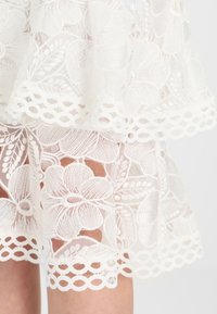 Tissu en dentelle blanche avec broderie florale et bords festonnés, laissant partiellement transparaître la peau en dessous.