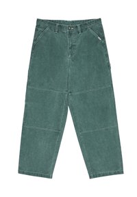 Green cotton canvas pants with a relaxed fit, featuring front pockets, contrasting stitching, and a straight leg design.