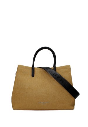 Borsa tote in tessuto beige con manici neri e ampia tracolla nera con la scritta "ERMANNO" in rilievo in maiuscolo.