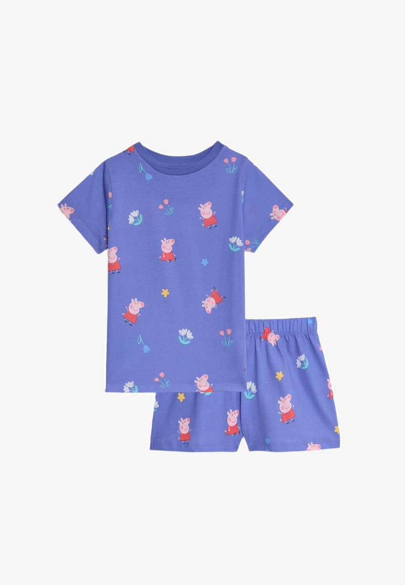Kortärmad pyjamasset i lila med en heltryck av tecknade griskaraktärer och blommor; tillverkad av mjukt, lätt tyg.