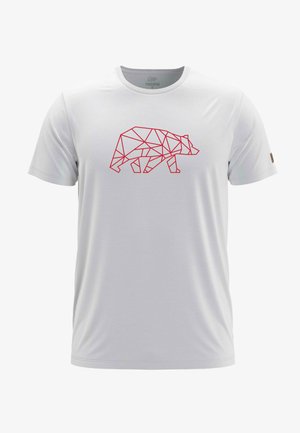 Camiseta blanca de manga corta con un diseño de oso geométrico rojo en la parte frontal. Fabricada con material suave y ligero, con cuello redondo.