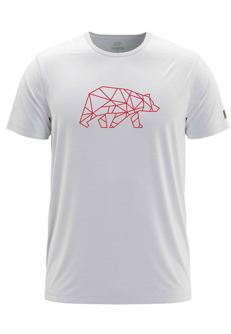 Camiseta blanca de manga corta con un diseño de oso geométrico rojo en la parte frontal. Fabricada con material suave y ligero, con cuello redondo.
