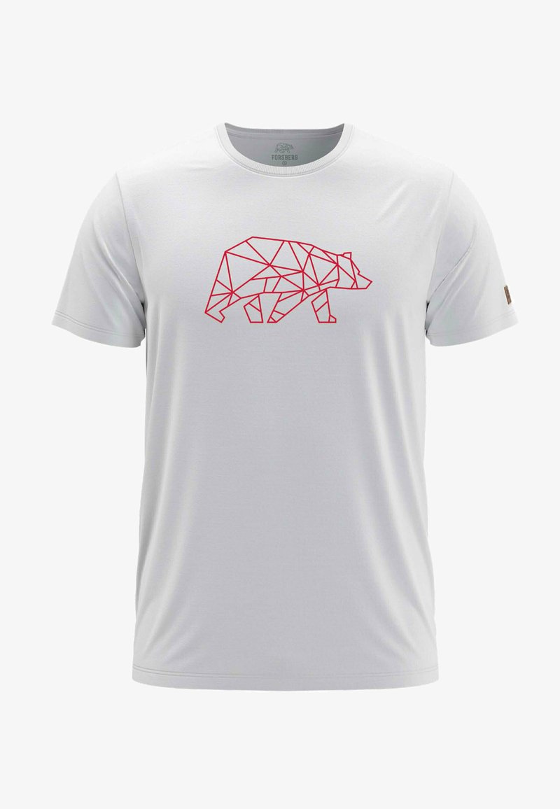 Witte T-shirt met korte mouwen met een rood geometrisch berenontwerp op de voorkant. Gemaakt van zacht, lichtgewicht materiaal met een ronde hals.