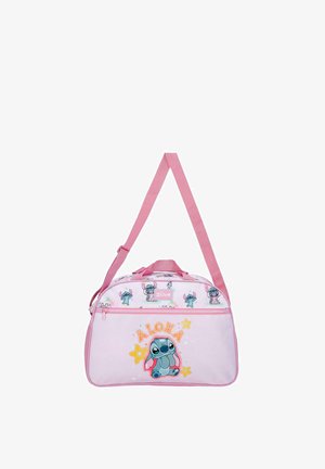 Bolso de hombro rosa con varios personajes de Stitch y la palabra "ALOHA" con estrellas amarillas en el bolsillo delantero.