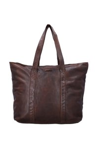 Smeđa kožna torba s dva čvrsta ručka, mekanom teksturom i jednostavnim, prostranim dizajnom. Sadrži suptilni logo detalj sprijeda.