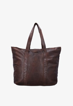 Smeđa kožna torba s dva čvrsta ručka, mekanom teksturom i jednostavnim, prostranim dizajnom. Sadrži suptilni logo detalj sprijeda.