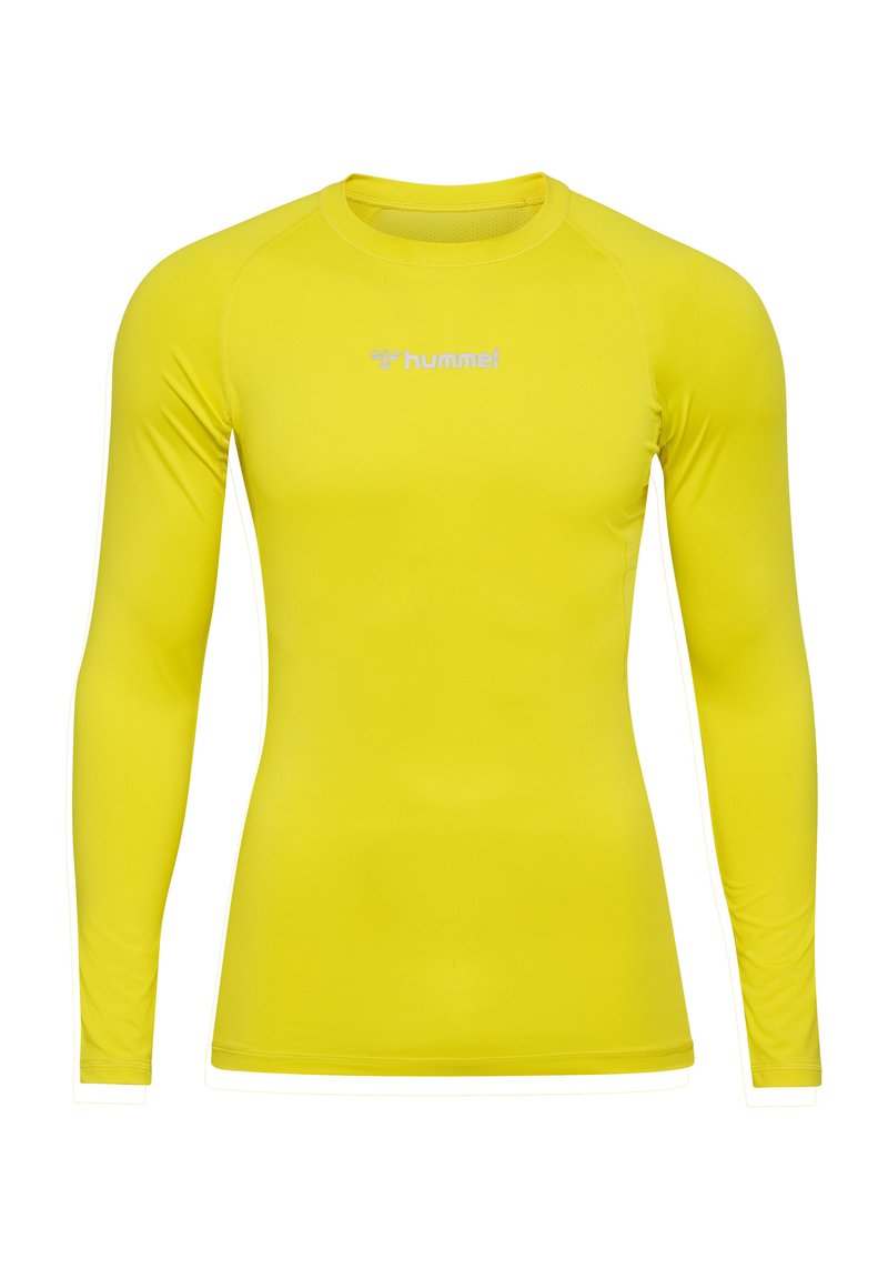 Langarm-Sportshirt in leuchtendem Gelb. Weicher, leichter Stoff mit taillierter Passform. Verfügt über ein kleines weißes Logo auf der Brust.