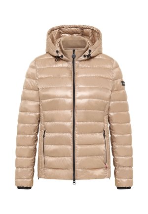 Beige gewatteerde jas met capuchon, glanzend nylon materiaal, ritsluiting en twee zijzakken. Beschikt over elastische manchetten en een verstelbare capuchon.