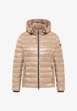 Beige gepolsterte Jacke mit Kapuze, aus glänzendem Nylonmaterial, mit Reißverschluss und zwei Seitentaschen. Verfügt über elastische Bündchen und eine Kapuze mit Kordelzug.