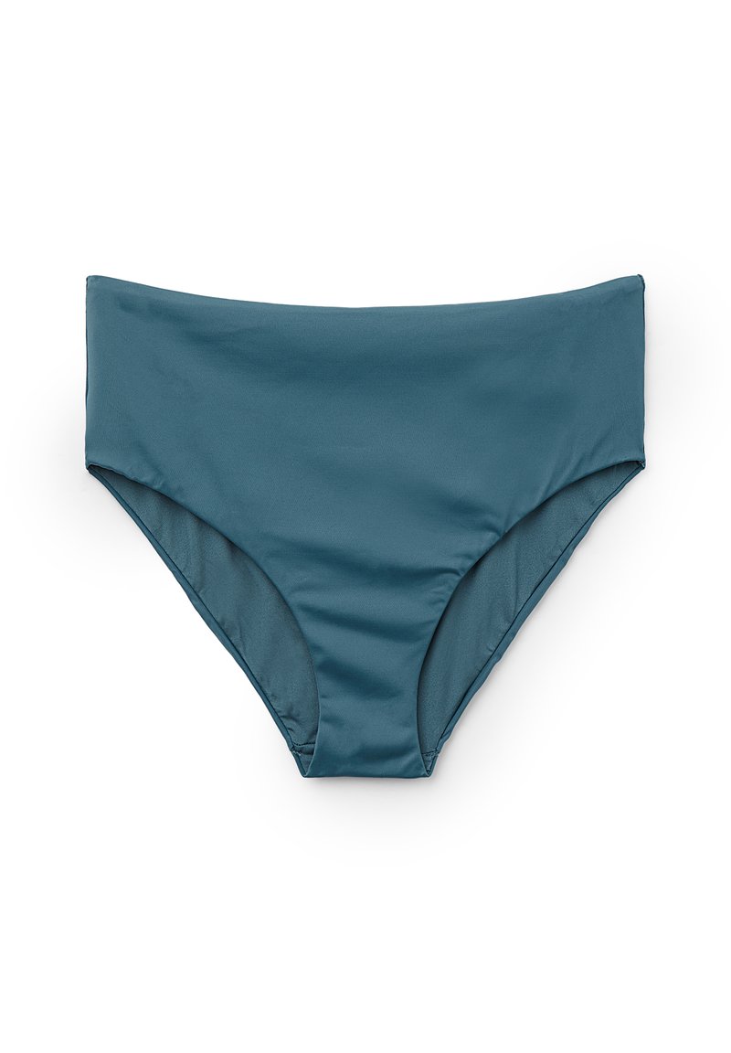 Teal bikiniunderdel i glatt tyg, med hög midja och måttlig täckning, samt en sömlös finish.