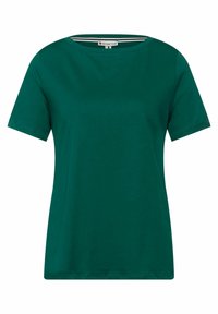 Tealfärgad bomull t-shirt med rund halsringning och korta ärmar. Enkel design, inga synliga mönster eller detaljer, slät textur.