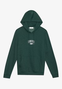 Donkergroen hoodie met een voork pocket, kangaroo-stijl, met een witte "DENVER USA 96" grafiek op de borst, gemaakt van zacht katoenen materiaal.