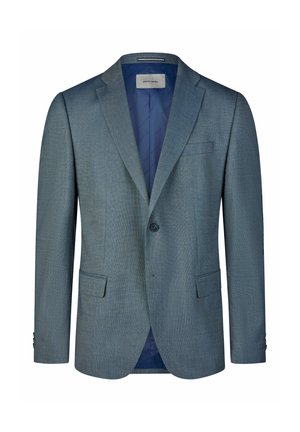 Einreihiger grauer Herrenblazer mit einem Knopf, Stulpkragen, Pattentaschen und blauem Innenfutter.