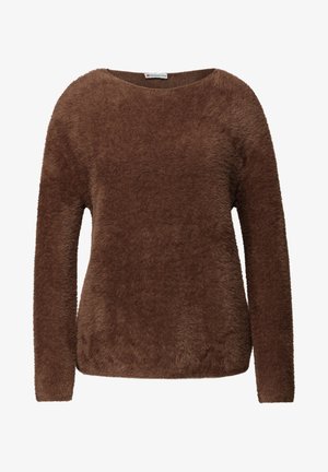 Pull marron duveteux avec des manches longues, un col rond et une texture douce. Fabriqué à partir d'un matériau chaud et moelleux pour le confort.