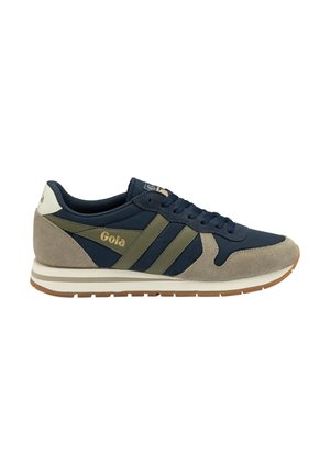 Sneaker in suede e sintetico blu navy e grigio con strisce verde oliva e punta rotonda. Suola intermedia bianca e suola in gomma marrone. Marchio Gola.