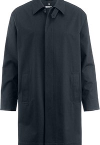 Marineblauer Mantel aus glattem Stoff, mit einem gepolsterten Kragen, gerader Silhouette und zwei Fronttaschen. Texturierte Oberfläche.