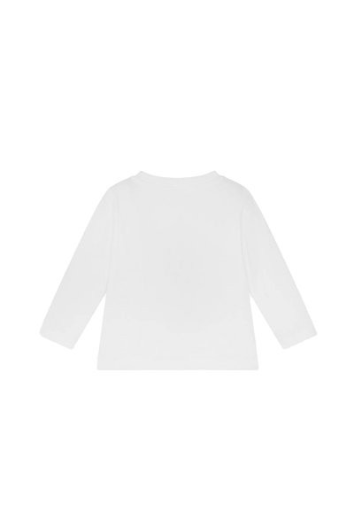 Biała koszulka z długim rękawem, wykonana z miękkiej bawełny, okrągły dekolt, prosty design, bez grafik ani wzorów, prosty krój u dołu.