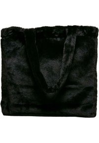 Schwarze Handtasche aus Kunstfell mit zwei Griffen, die über eine weiche Textur und eine schlichte rechteckige Form verfügt. Keine sichtbaren Beschläge oder Verzierungen.