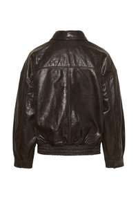 Veste en cuir marron foncé avec col, taille élastique et poignets à boutons, vue de dos.