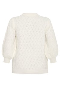 Pull en tricot blanc avec un motif texturé en design ondulé, col rond et manches bouffantes.