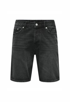 Shorts en denim noir avec un design classique à cinq poches, fermeture à bouton à l'avant et coupe droite avec une texture légèrement délavée.