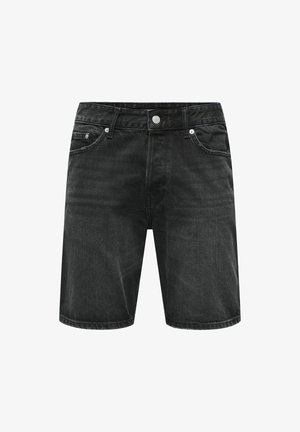 Shorts en denim noir avec un design classique à cinq poches, fermeture à bouton à l'avant et coupe droite avec une texture légèrement délavée.
