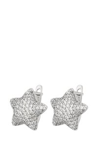 Orecchini a forma di stella argentata, caratterizzati da una superficie densamente decorata con pietre brillanti trasparenti e una clip in metallo liscia e lucida per un indossamento sicuro.