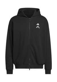 Crna dukserica na patentni zatvarač s mekim teksturom, ima prednji patent, kapuljaču i bijele logotipne detalje na prsima. Zaobljeni rubovi na manžetama i rubu.