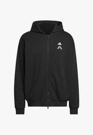 Black zip-up hoodie with a soft texture, featuring a front zipper, hood, and white logo accents on the chest. Rounded cuffs and hem.