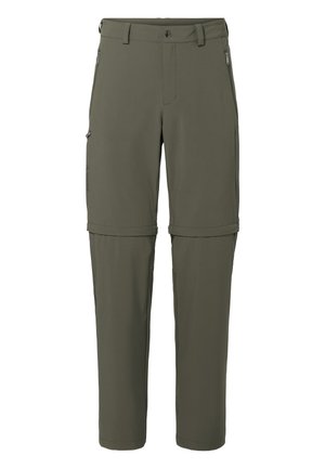 Pantalon convertible vert olive avec jambes zippées amovibles, poches zippées, fermeture à boutons et passants pour ceinture, conçu pour une utilisation en extérieur.
