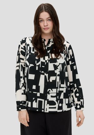 Zwart-wit gestreept shirt met geometrische vormen, lange mouwen, een bandkraag en knoopsluiting. Zachte stof met een soepele textuur.