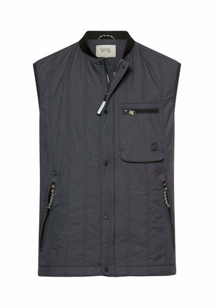 Mouwloos donkergrijs doorgestikt vest met ritssluiting aan de voorkant en drukknoopsluiting, een met rits afsluitbare borstzak en twee met rits afsluitbare zijzakken.