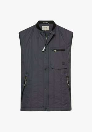 Ärmellose, dunkelgraue gesteppte Weste mit Reißverschluss und Druckknöpfen vorne, Reißverschlusstasche auf der Brust und zwei Reißverschlusstaschen an den Seiten.