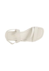 Sandalo in pelle beige con due cinghie incrociate, design aperto sulla punta, suola piatta e chiusura con fibbia regolabile alla caviglia. Presenza di dettagli cuciti.