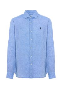 Camicia a maniche lunghe blu chiaro in morbido tessuto di lino, con colletto classico, chiusura a bottoni e un piccolo logo nero sul lato sinistro del petto.