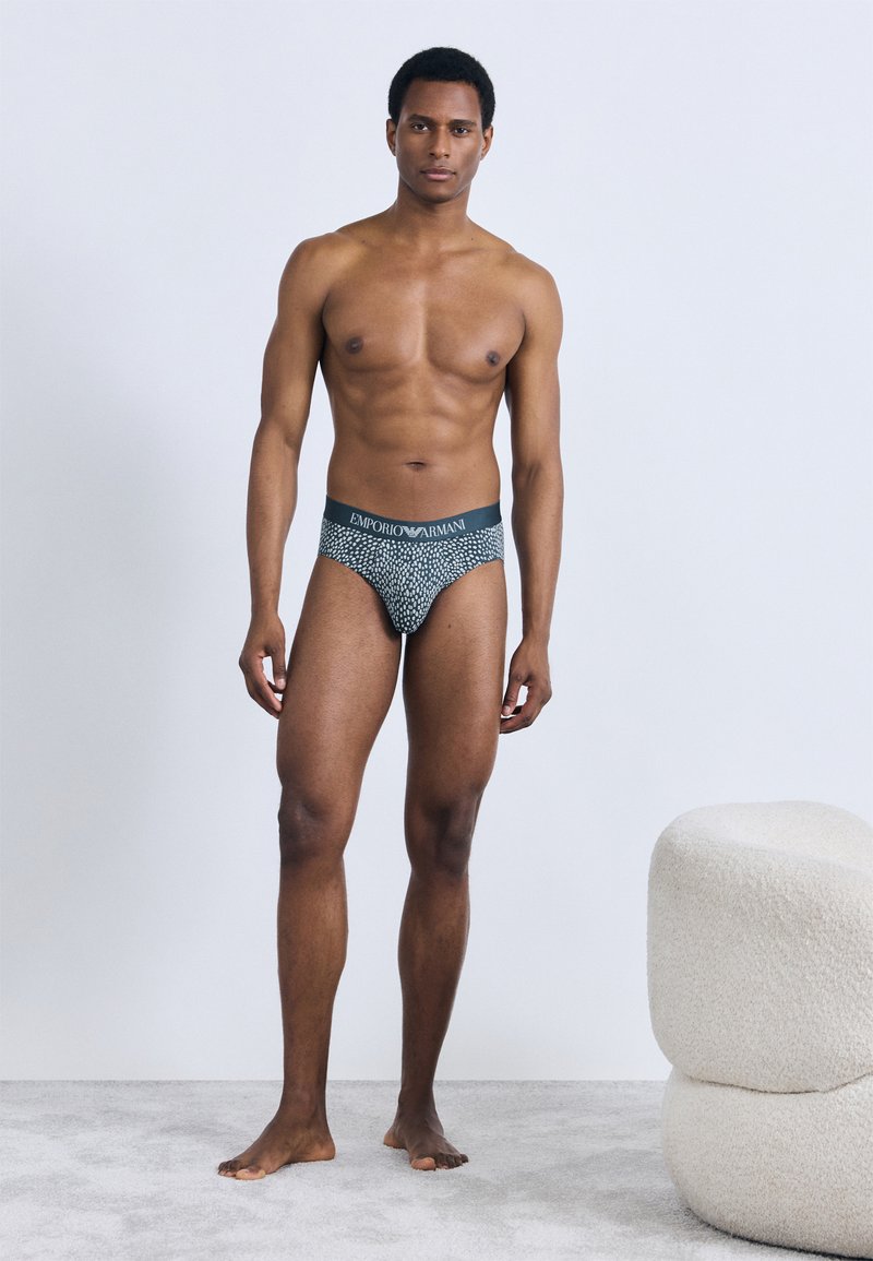 Pánské slipy v tmavě šedé barvě s kontrastním elastickým pasem, na kterém je logo. Materiál má vzorovanou strukturu. Standardní střih.